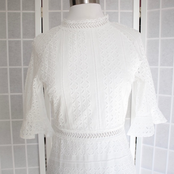 White 3/4 Sleeve Lace Embroidered Eyelet Dress - Picture 7 of 8